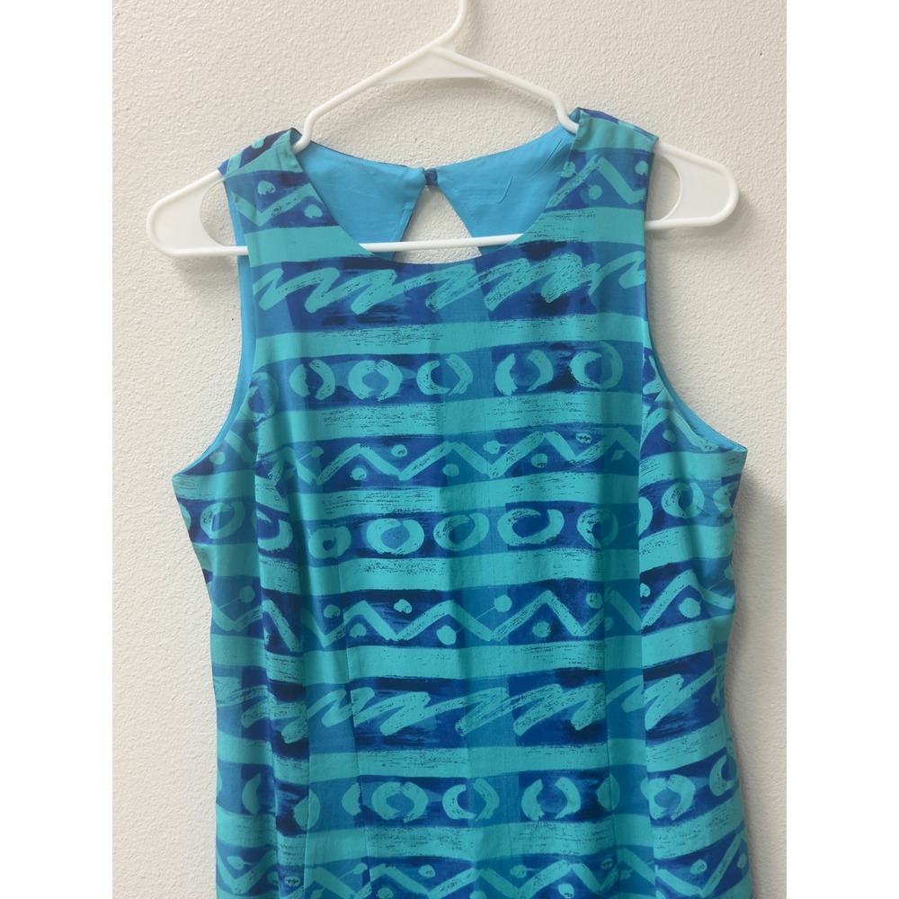Maggy London Geometric Print Silk Sheath Dress Womens 10 Teal Blue Office - Picture 4 of 9